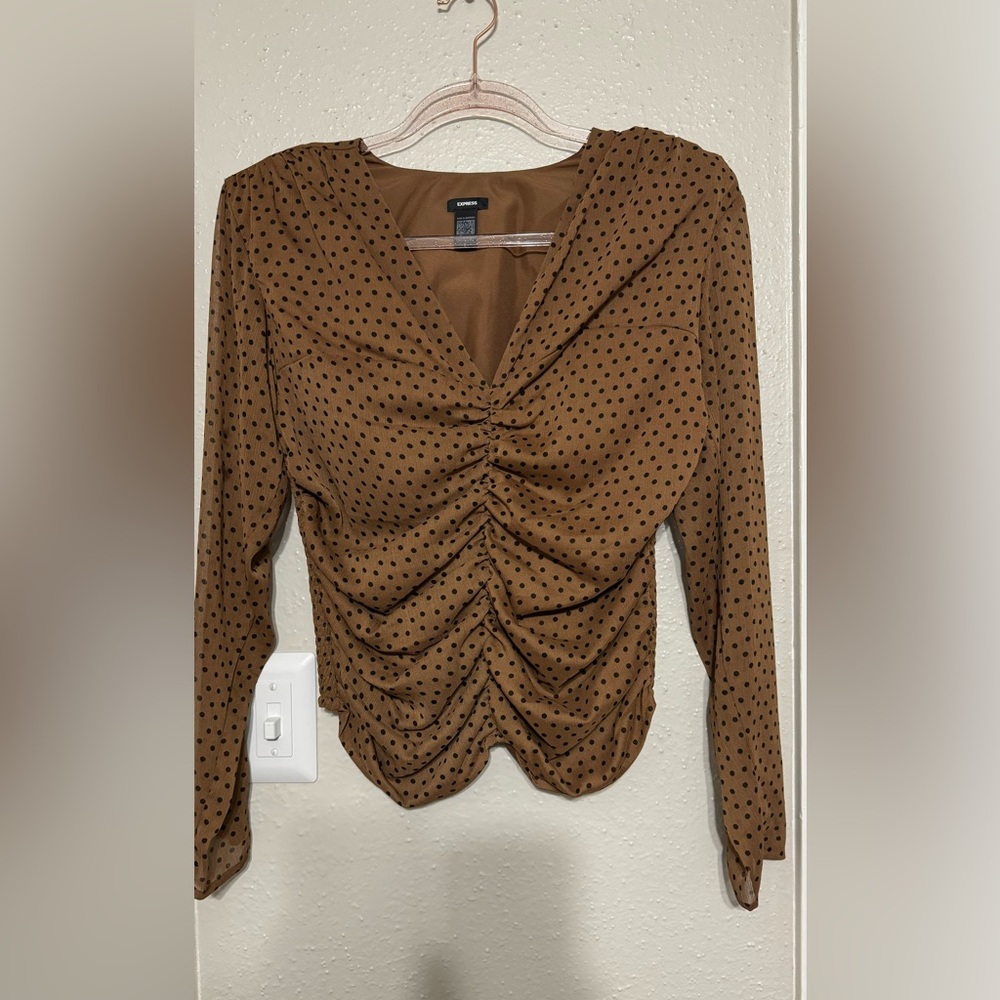 Express Brown Polka Dot Ruched Top
